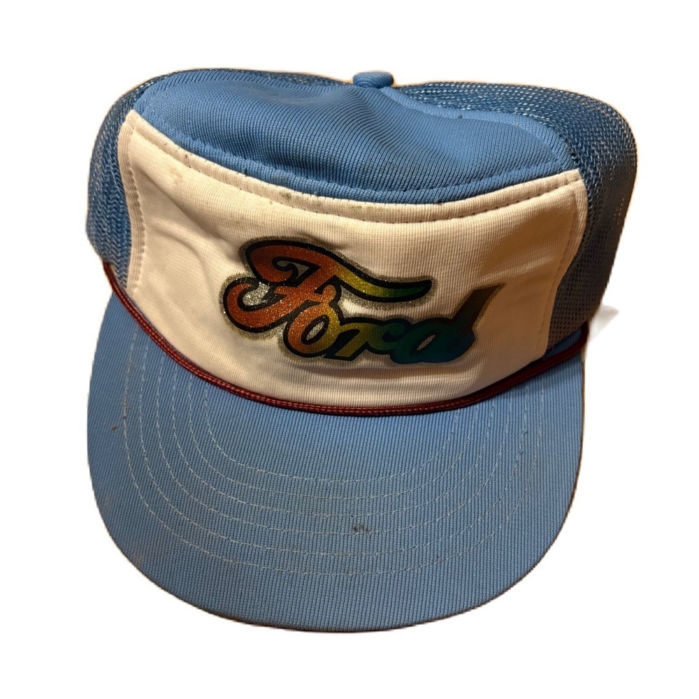 Ford Blue White Trucker Hat Glitter Vintage SnapBack Mesh